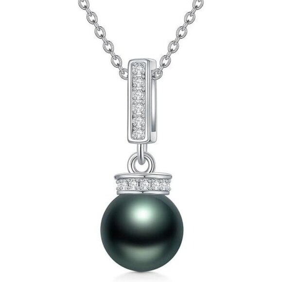 9-10mm Tahitian Pearl Necklace, Sterling Silver, Moissanite, 18+2" - Picture 1 of 6